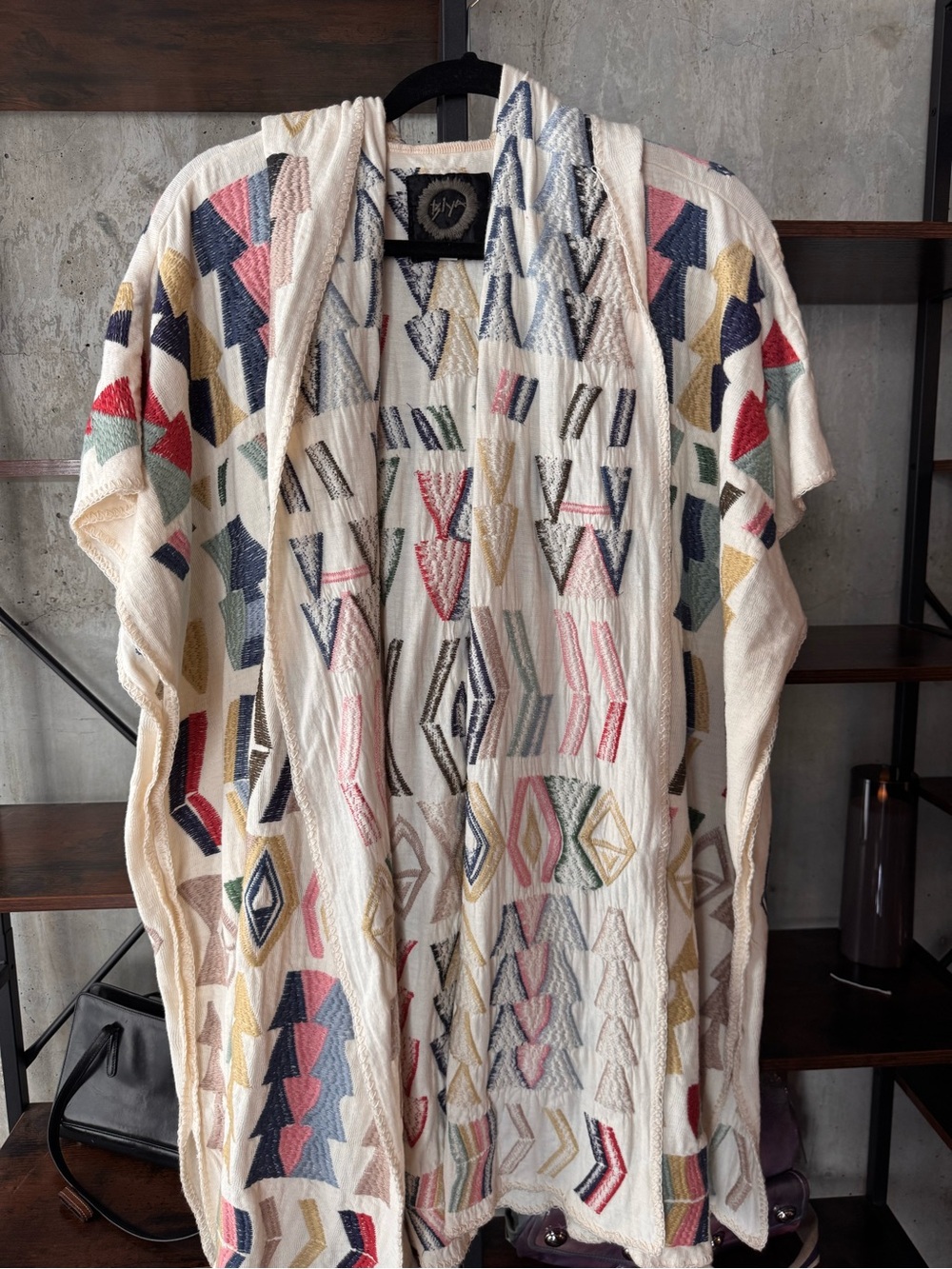Johnny Was Multicolor Embroidered Geometric Kimono Hoodie w Pockets Oversized SM